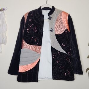 Vintage Art-to-Wear Quilted Black Velvet & Pink Applique Jacket w/ Frog Closures